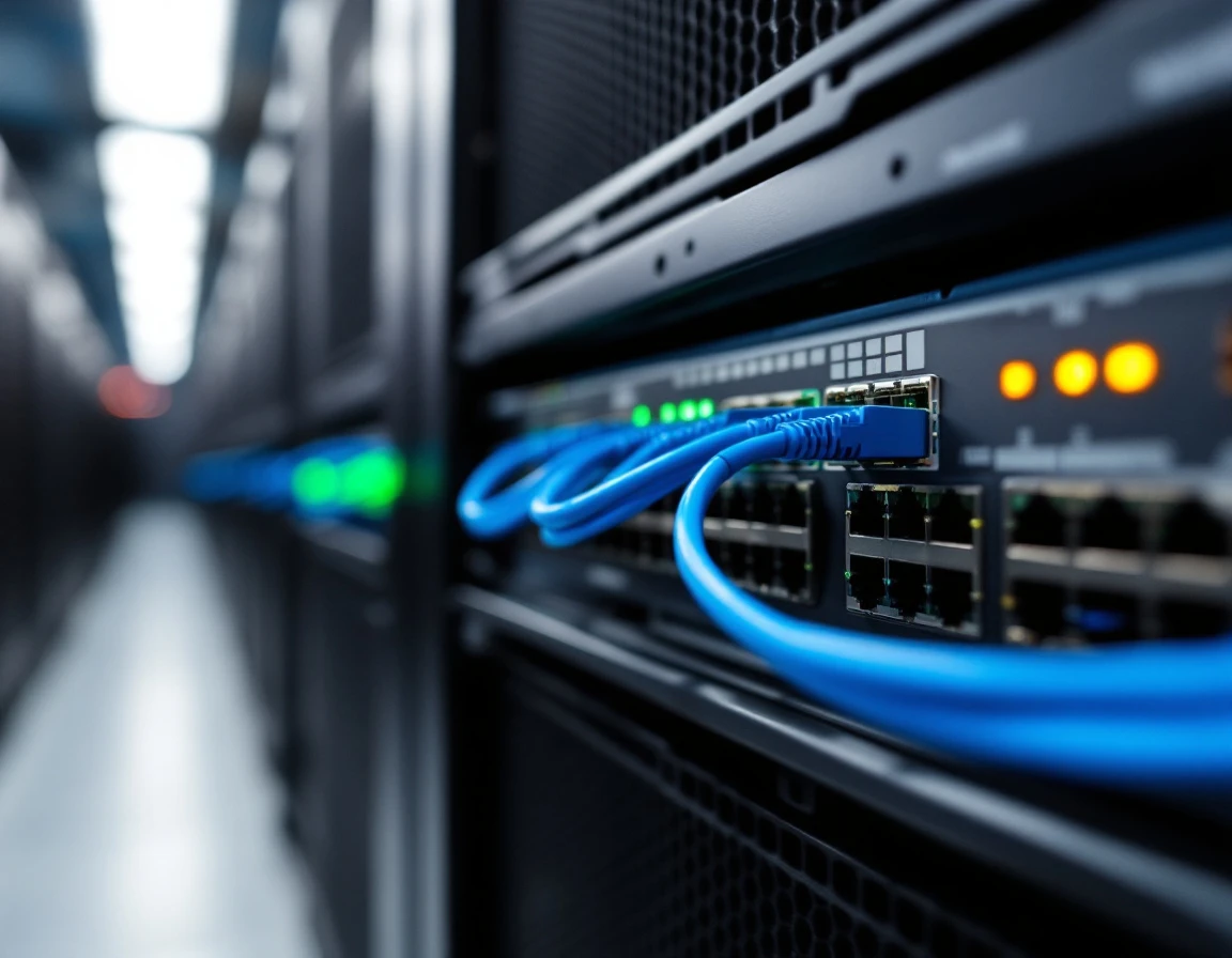 Network switch with organized blue Ethernet cables in professional server rack showing active LED indicators