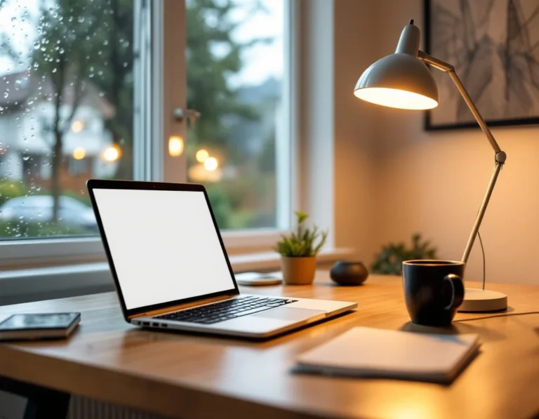 Clean home office workspace with laptop and desk lamp in natural morning light