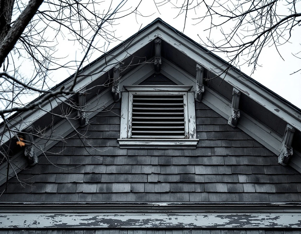 Attic ventilation louver on Victorian home gable with bare tree branches during late winter