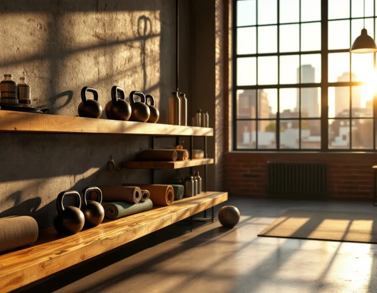 Sunlit fitness studio interior with kettlebells and equipment on wooden shelf, natural window lighting