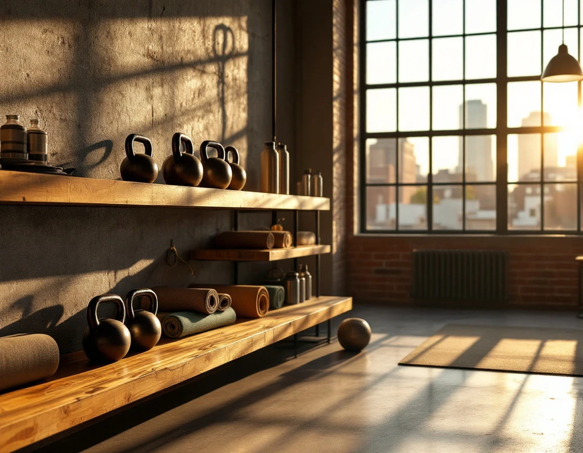 Sunlit fitness studio interior with kettlebells and equipment on wooden shelf, natural window lighting