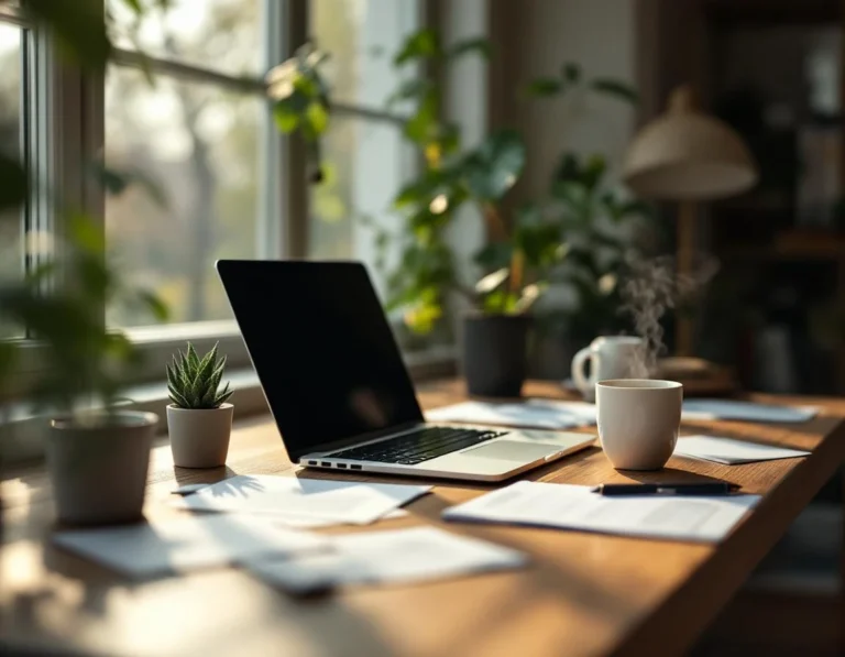 Modern desk workspace with closed laptop, coffee mug, and plants in natural window light