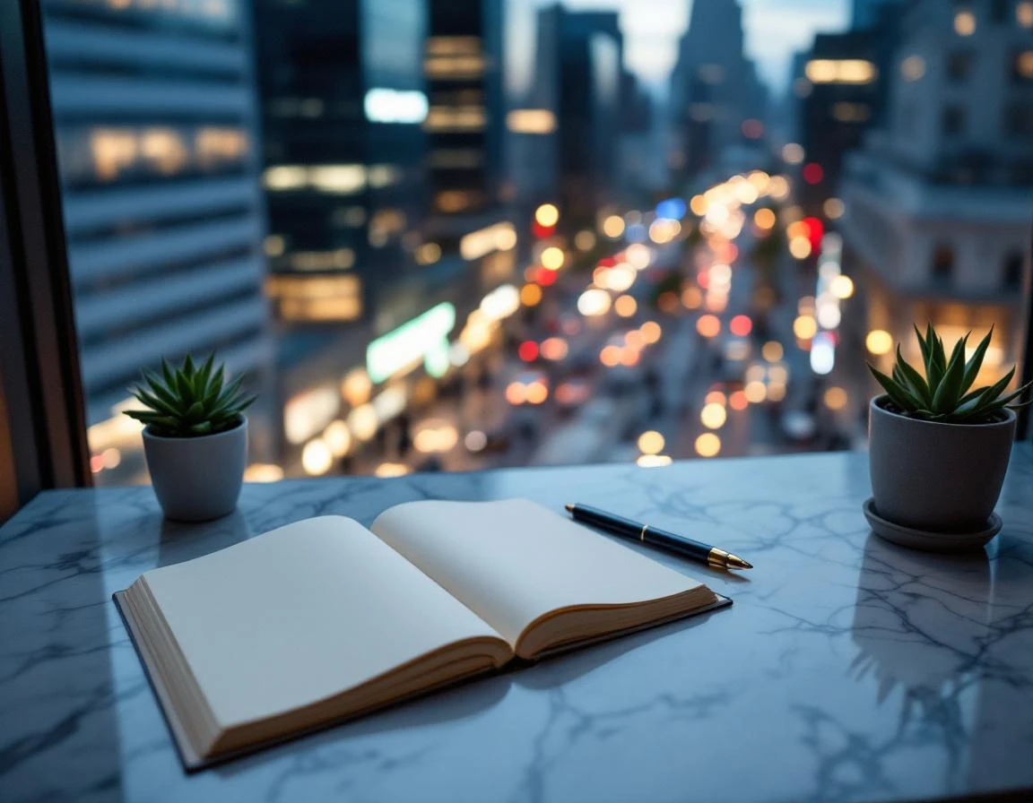 Hotel workspace desk overlooking city street during evening hours with notebook and writing materials
