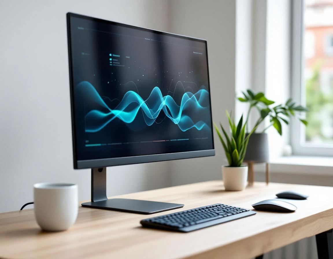 Modern workspace with monitor displaying data analytics patterns in natural lighting