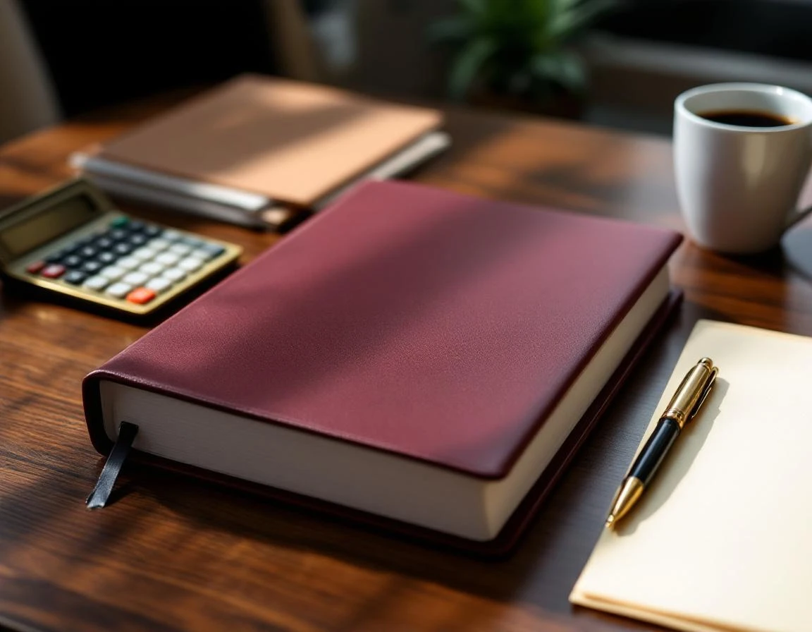 Closed insurance binder and calculator on desk during policy review session