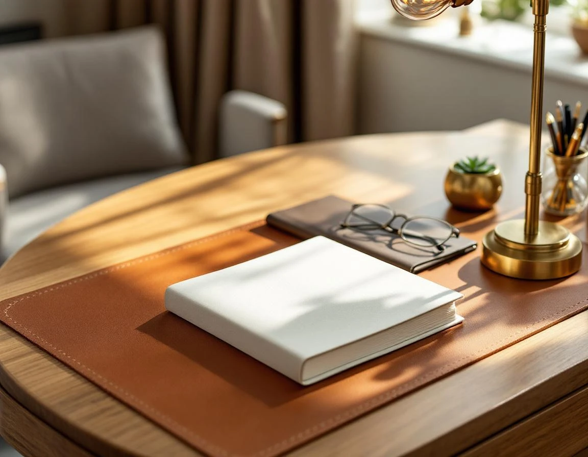 Luxury hotel desk with leather pad, brass lamp, and business essentials in natural window light