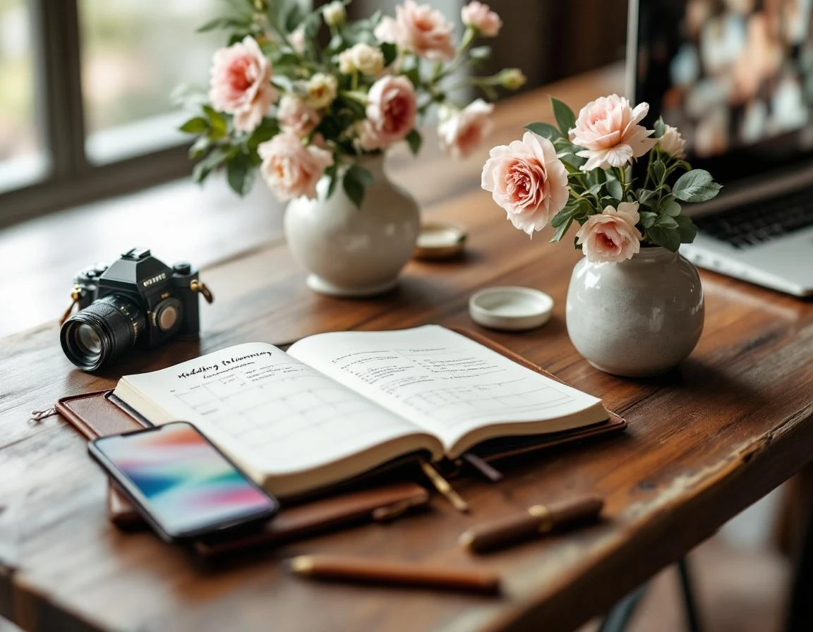 Wedding photographer's planning workspace with camera, calendar planner, and seasonal florals on wooden desk