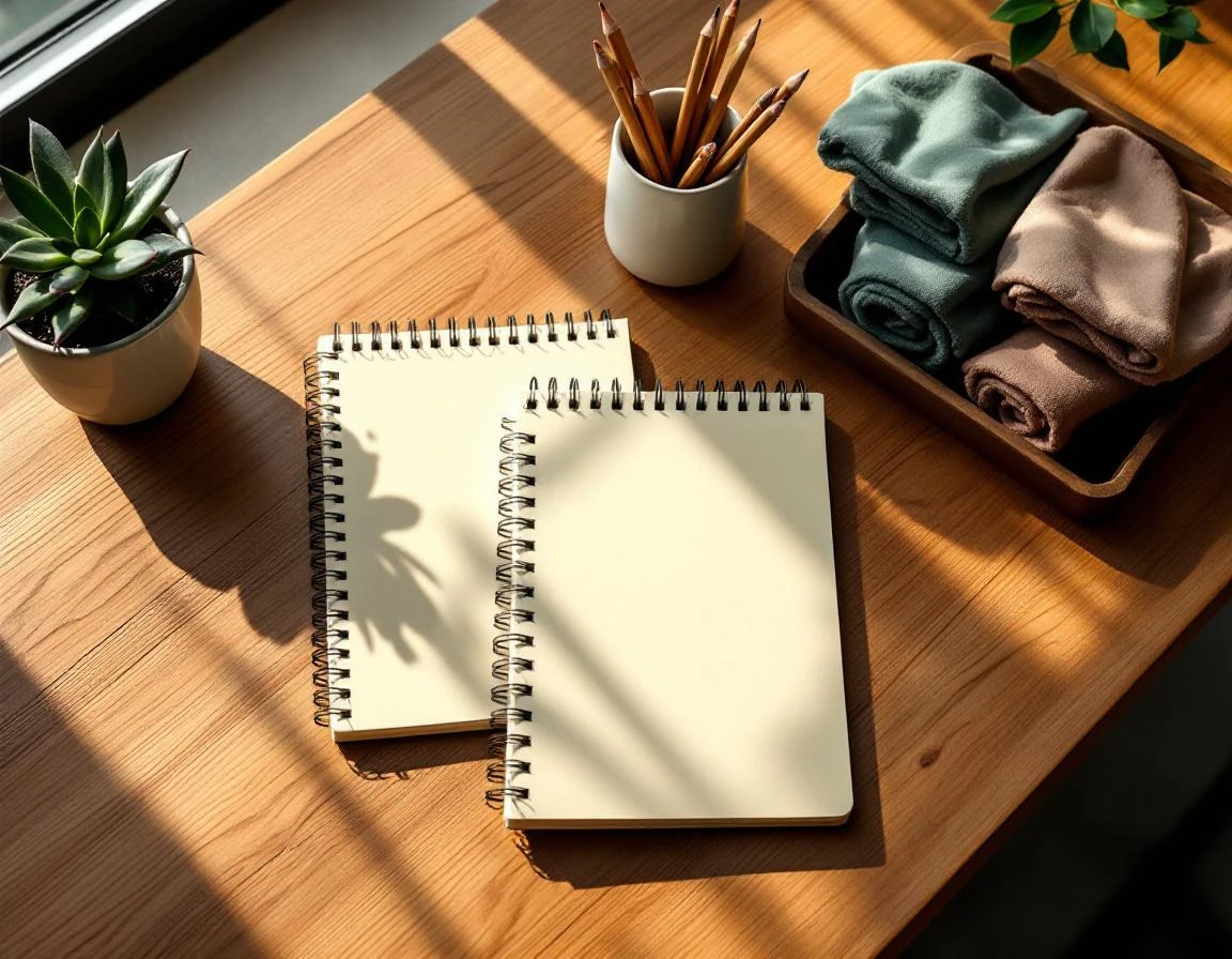 Organized studio desk with notebooks, plant, and fabric swatches in natural morning light