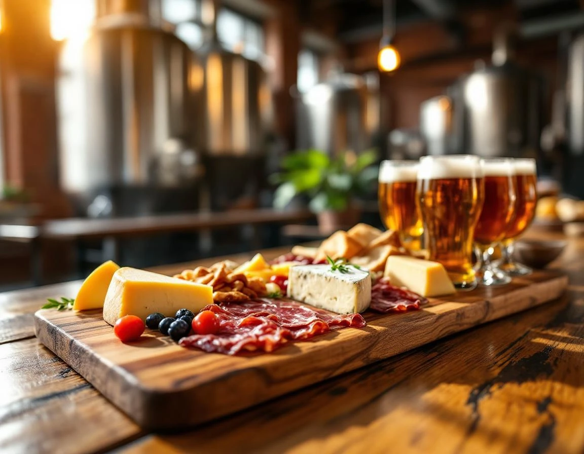 Artisan cheese and charcuterie board paired with craft beer flight on brewery tasting room table