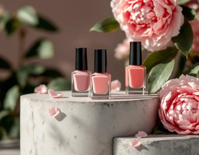 Nail polish bottles with fresh peonies on concrete surface showcasing seasonal beauty product styling