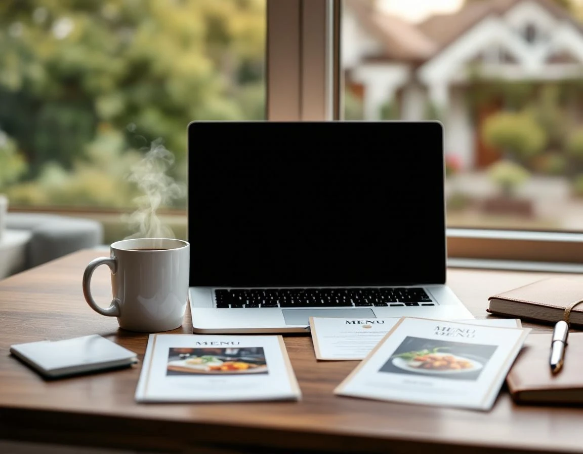 Catering business workspace with laptop, coffee, and menu planning materials on wooden desk with natural window light