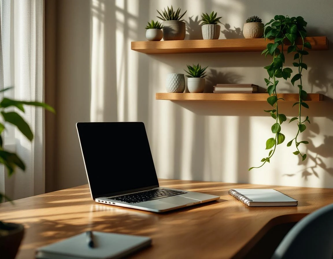 Minimalist home office desk with laptop and plants showing organized workspace for educational content planning