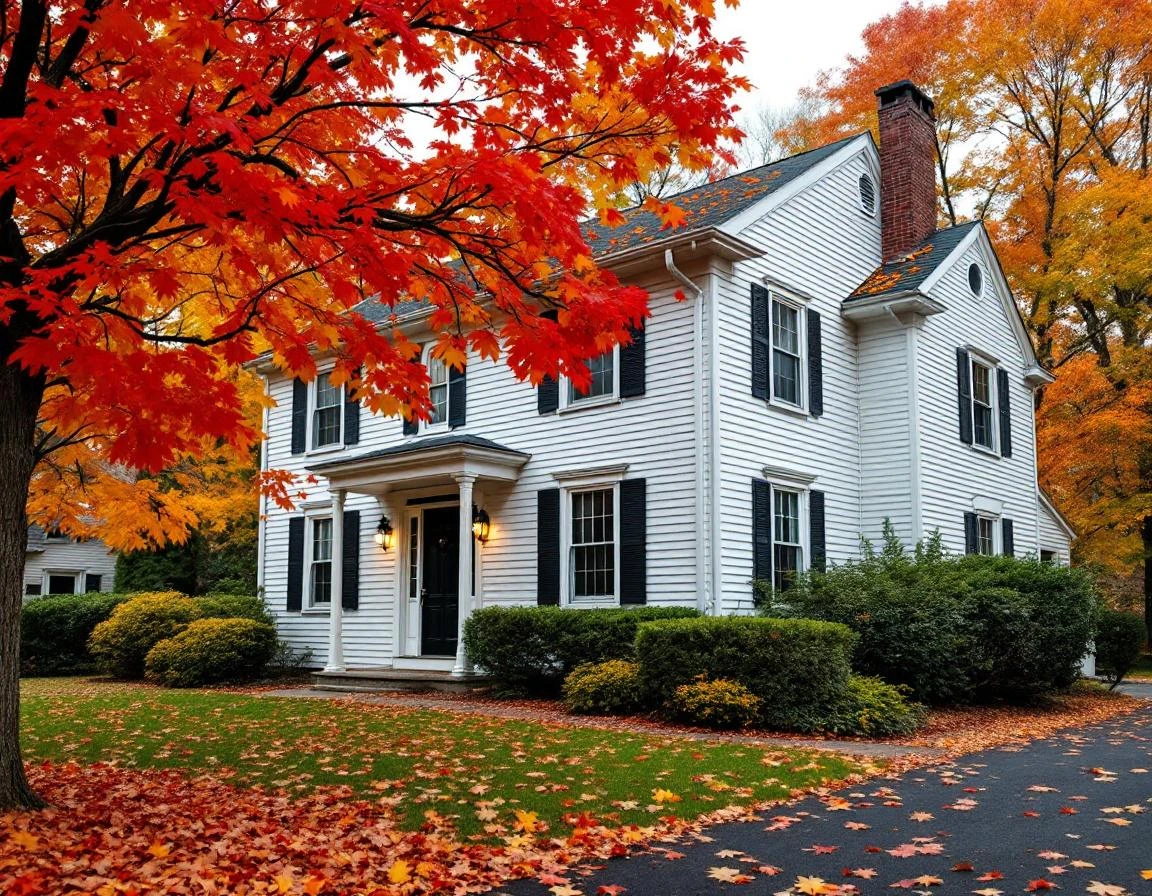 Colonial home with leaf-filled gutters during peak New England fall foliage season