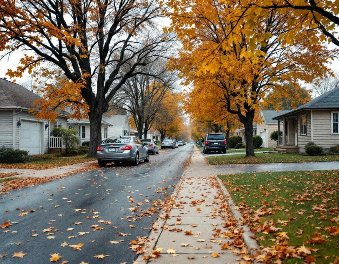 Quiet suburban street in autumn with maple trees and residential homes, vehicles parked in driveways