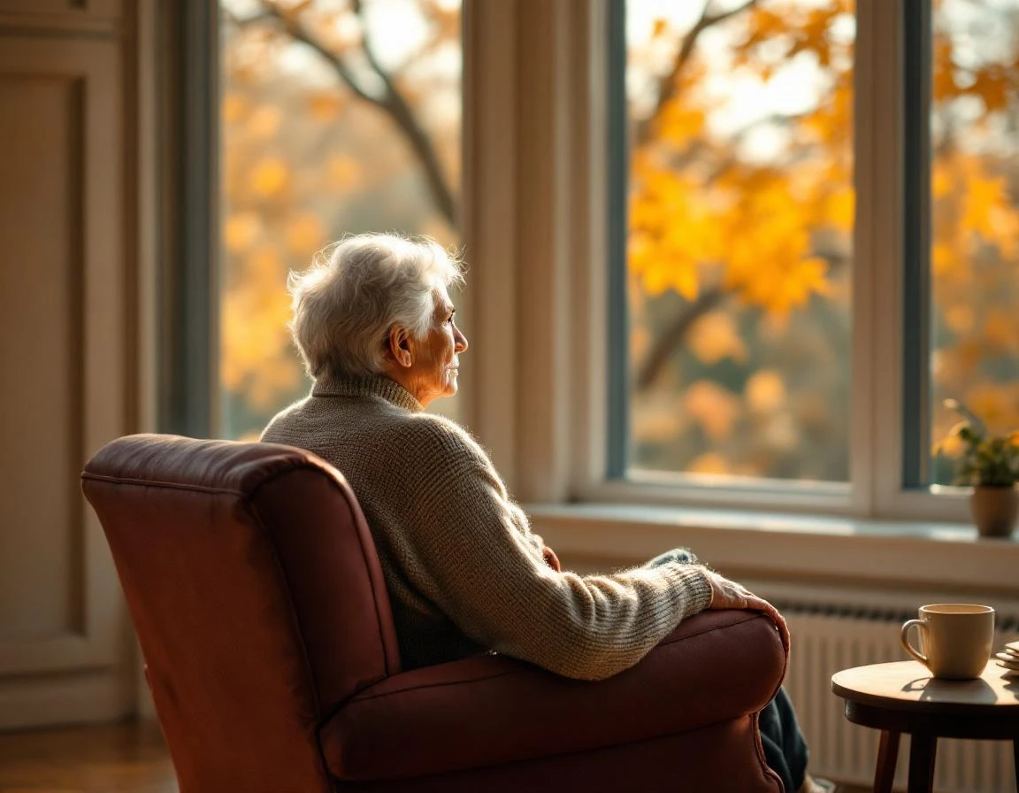 Elderly person in chair by window during golden hour, contemplating peaceful home environment