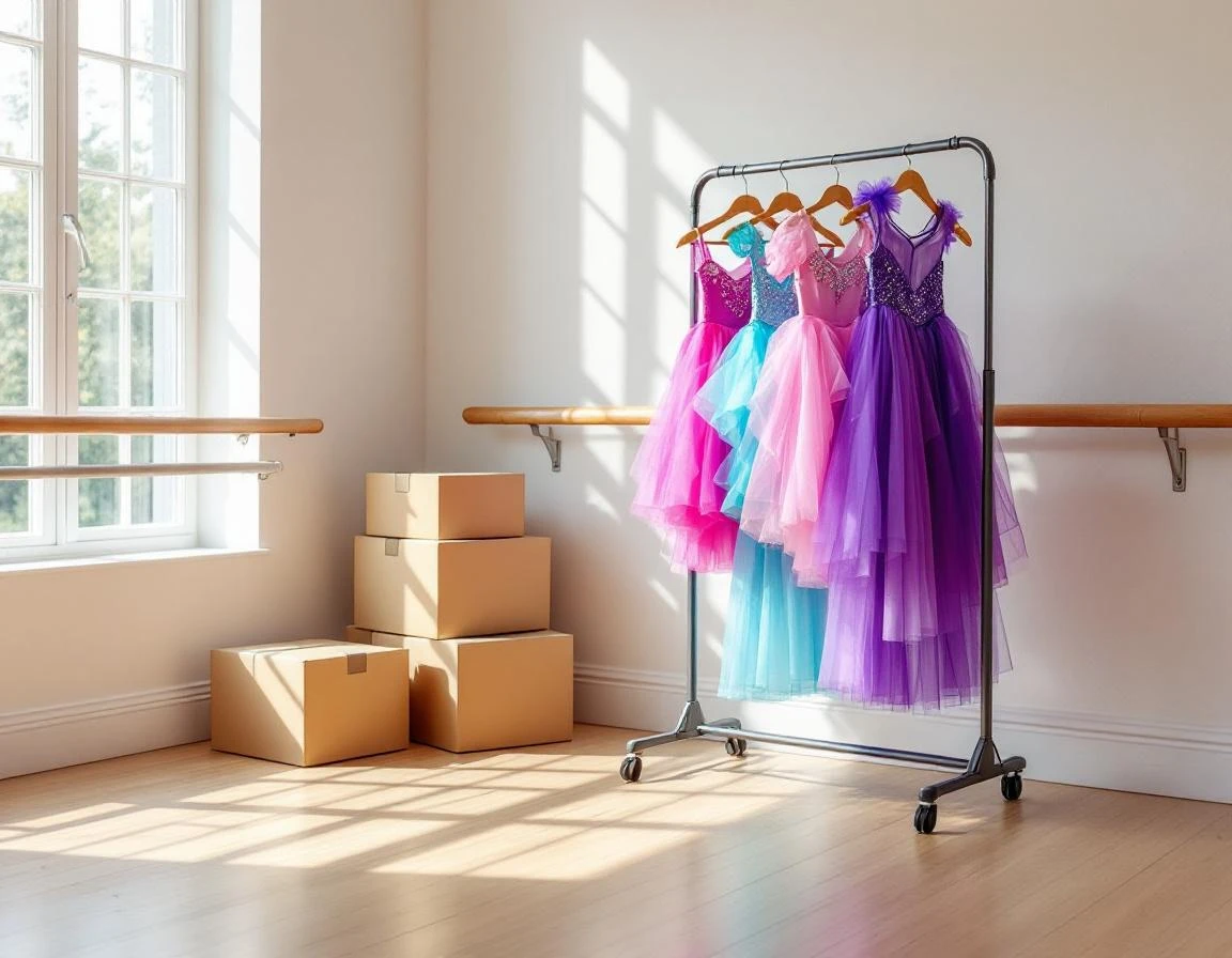 Dance studio with recital costumes hanging near shipping boxes during preparation season