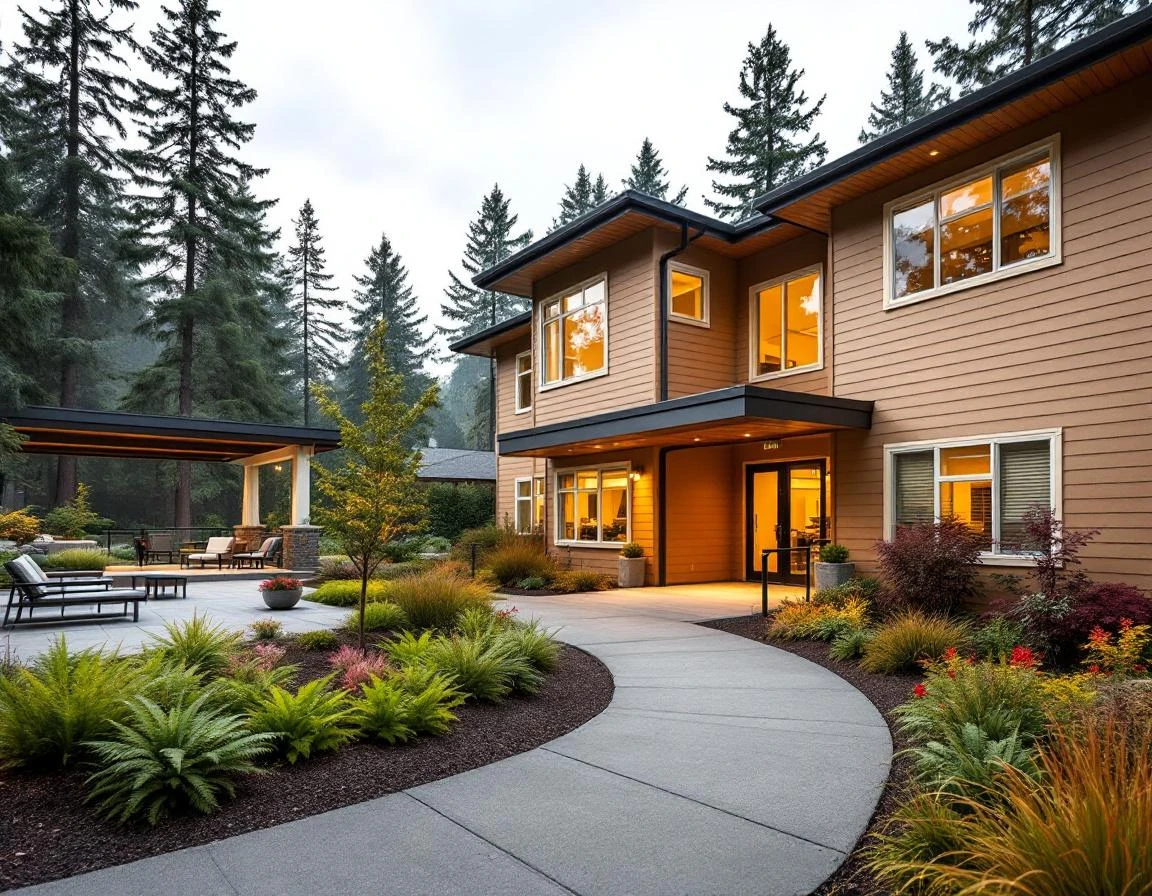 Modern assisted living facility with accessible entrance, covered walkways, and professional senior care landscaping
