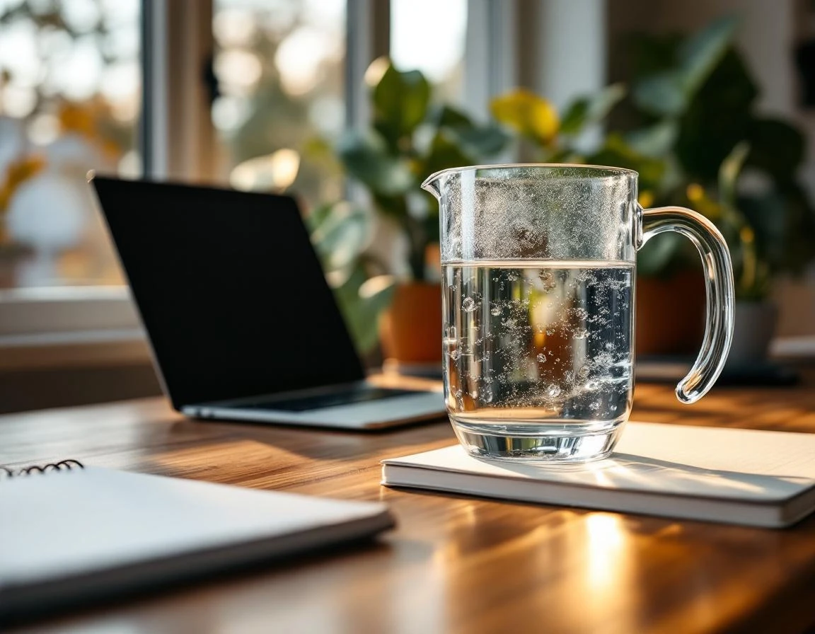 Clean workspace with water pitcher, closed laptop, and blank notebook in warm natural lighting