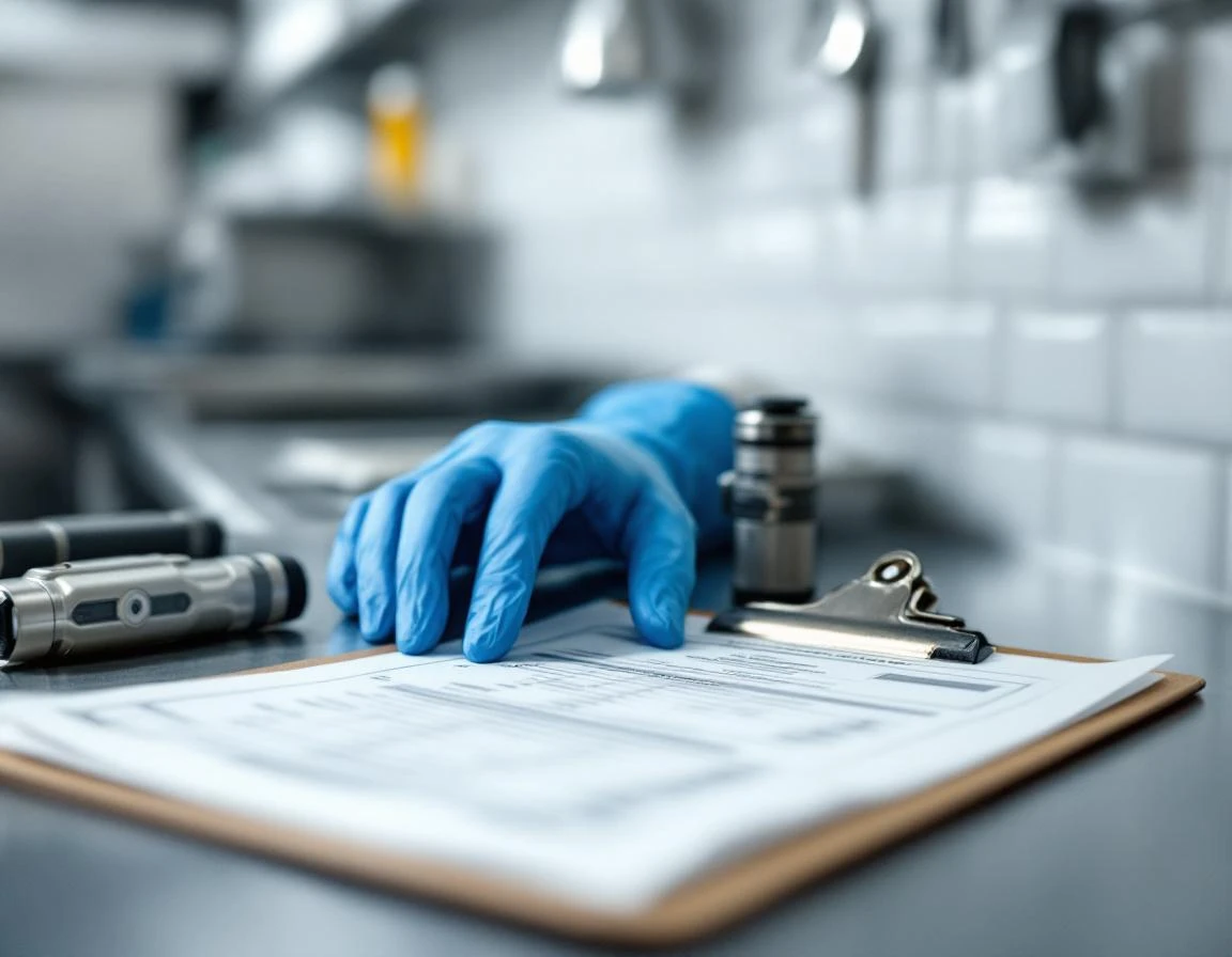 Commercial kitchen inspection workspace with compliance checklist, safety gloves, and pest monitoring equipment