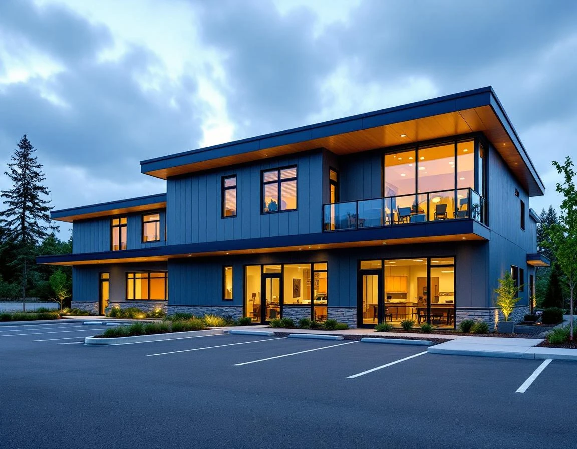 Modern medical facility exterior with accessible entrance and warm interior lighting at dusk