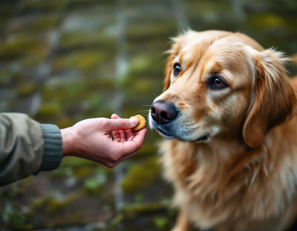Trainer's hand offering treat to attentive golden retriever during positive reinforcement clicker training session