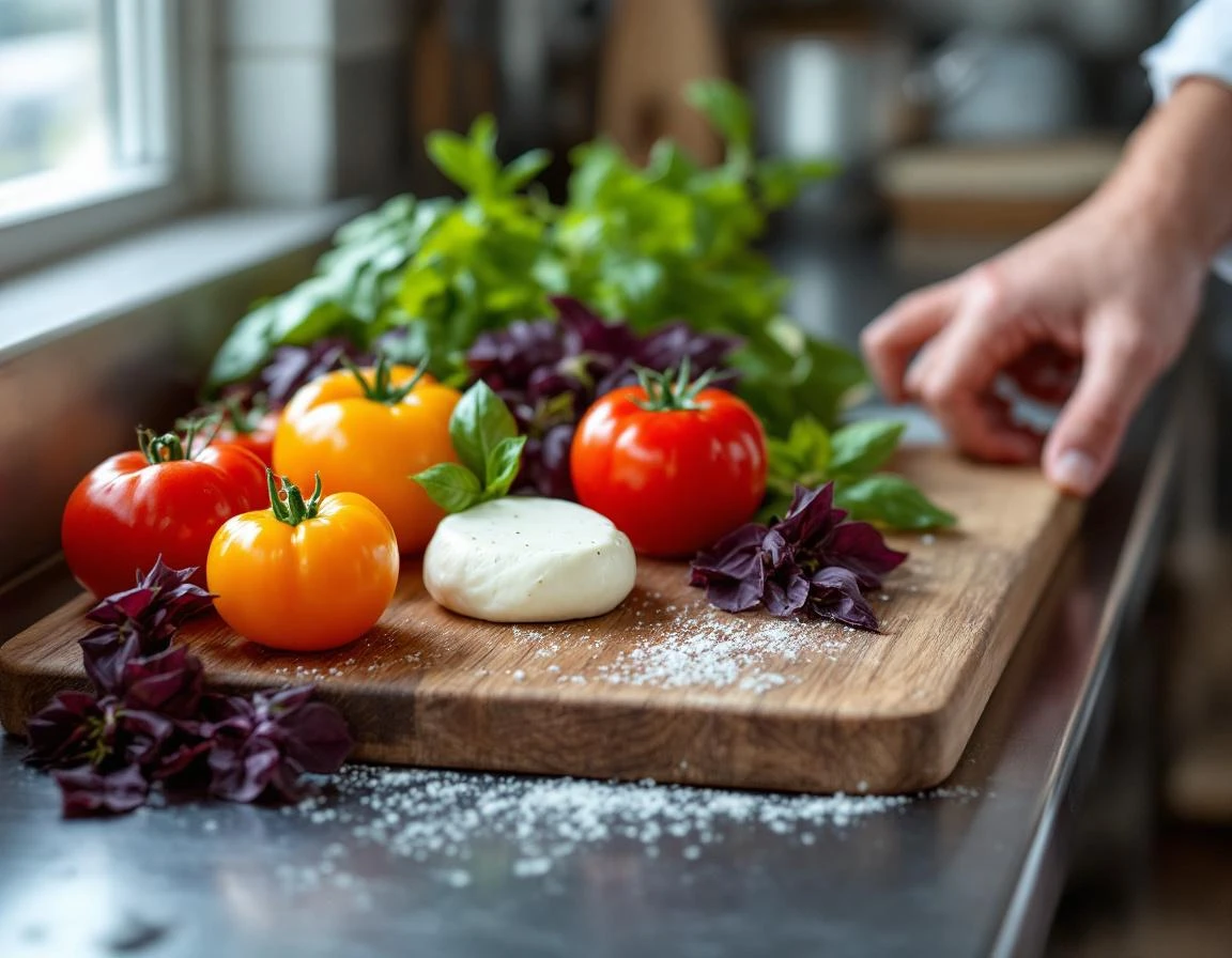 Heirloom tomatoes and fresh basil on wooden cutting board in restaurant prep kitchen