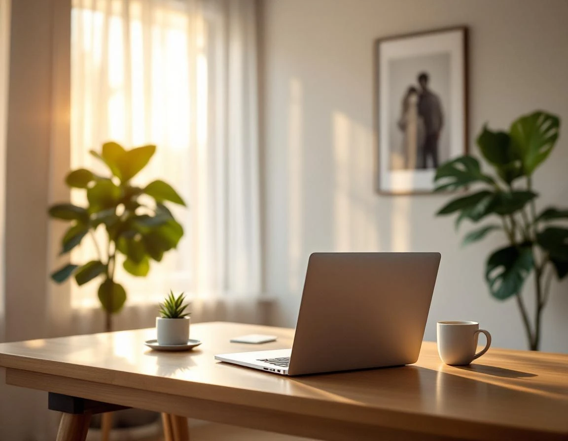 Modern home office workspace with natural lighting and minimalist desk setup for property management workflows