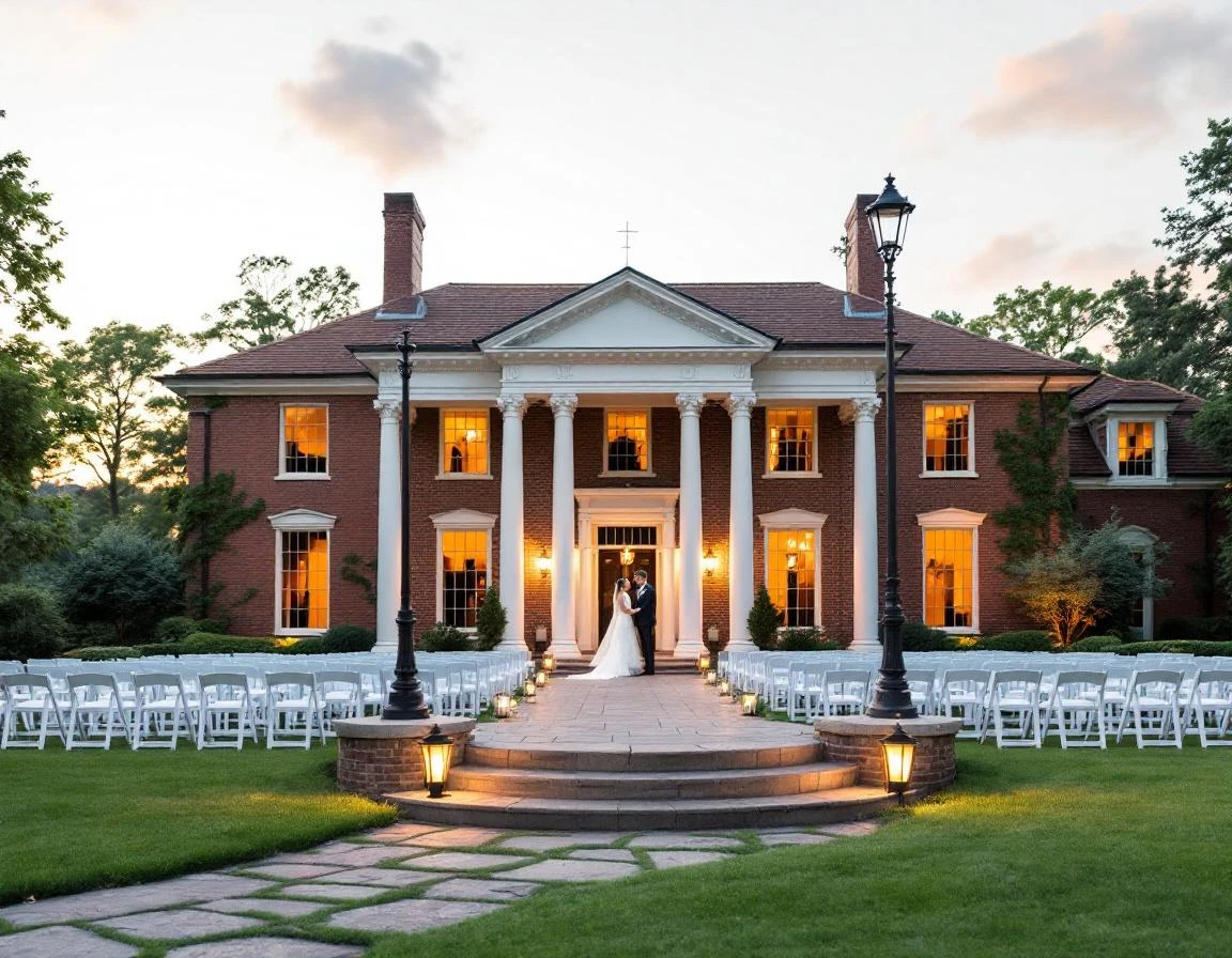 Historic brick mansion wedding venue with white columns and chairs arranged on manicured lawn at golden hour