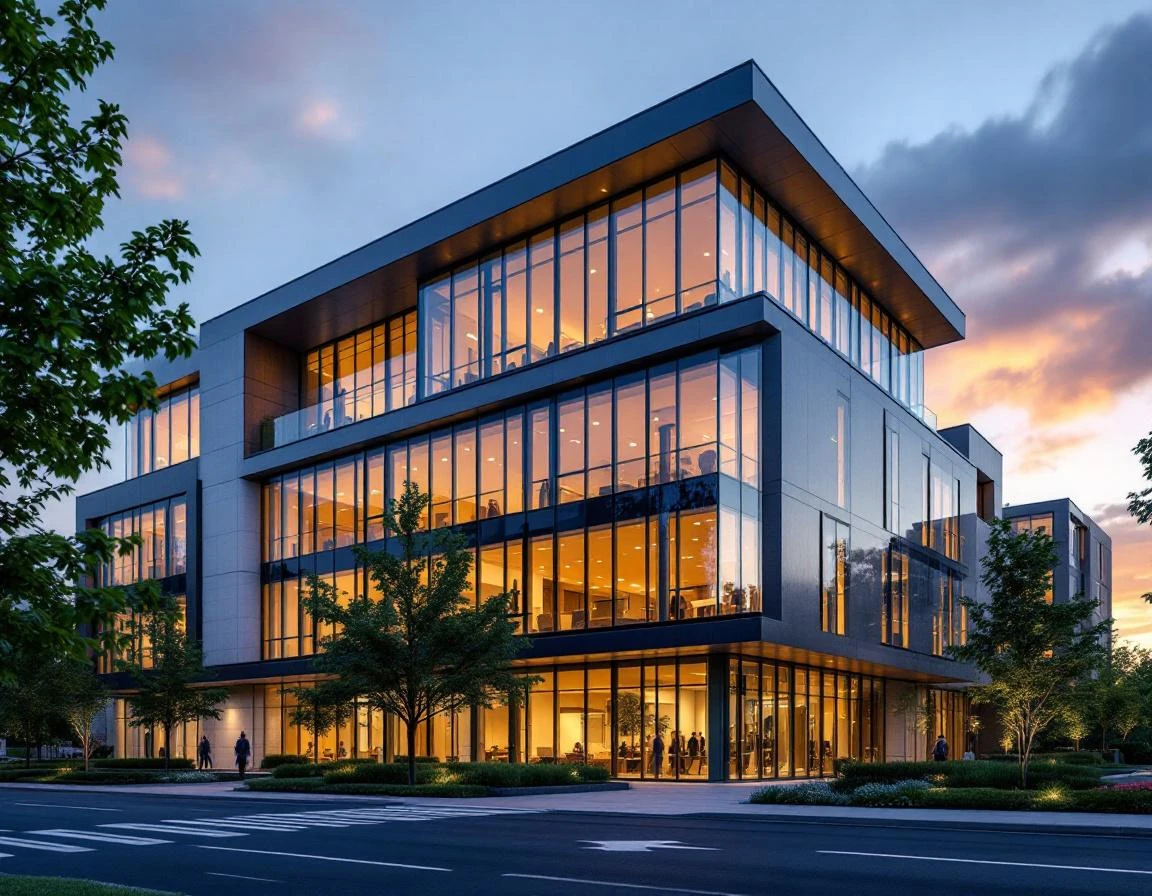 Modern commercial office building at dusk showing professional architecture and landscaping typical of B2B facilities