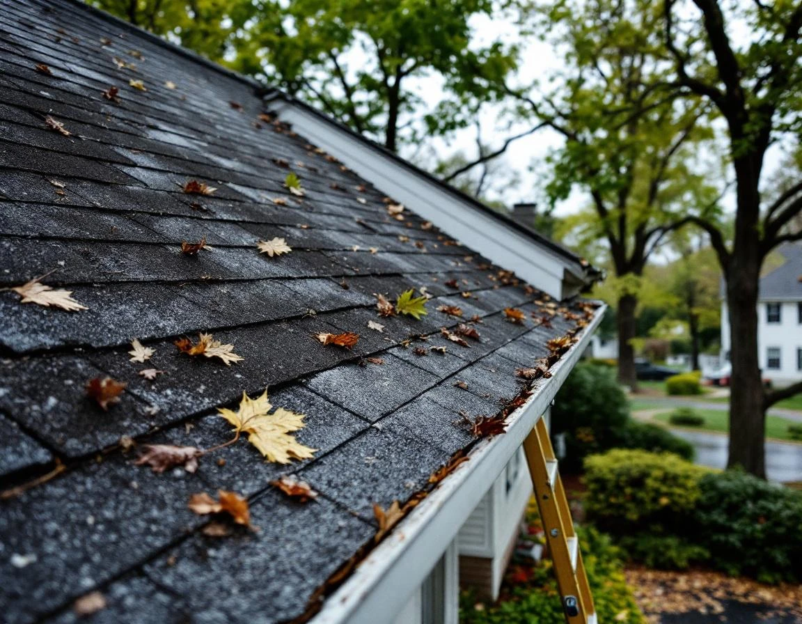 Storm-damaged residential roof showing missing shingles and lifted edges on colonial home