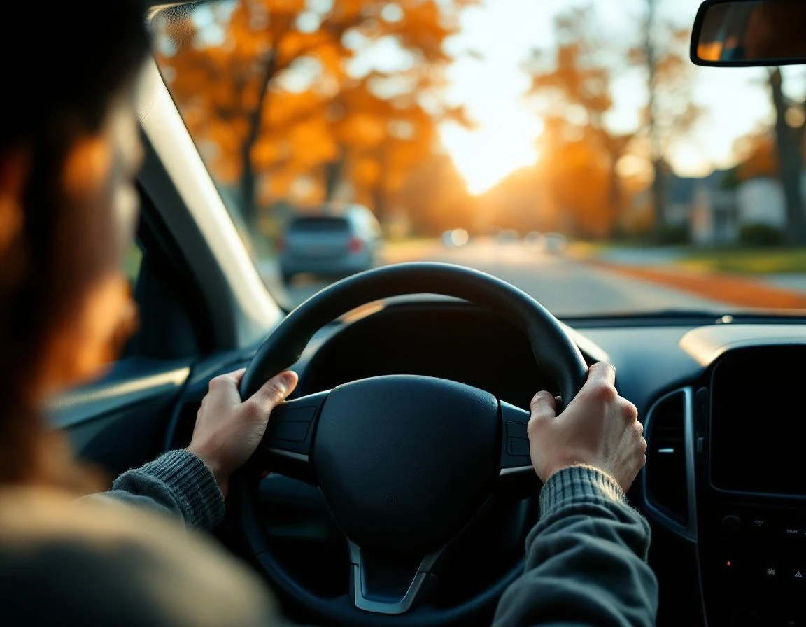 Driver's hands properly positioned on steering wheel with autumn residential street visible through windshield
