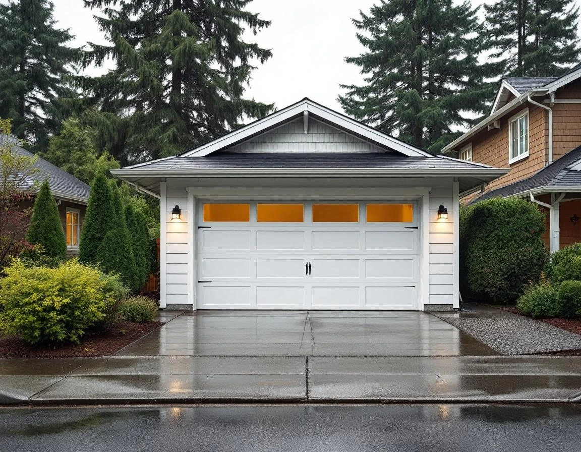 Residential garage with paneled door and wet driveway after spring rain in Pacific Northwest neighborhood