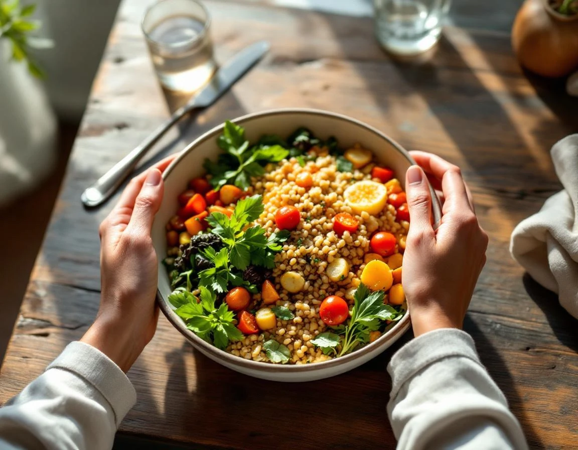 Hands resting near wholesome grain bowl with roasted vegetables on rustic wooden table in natural light