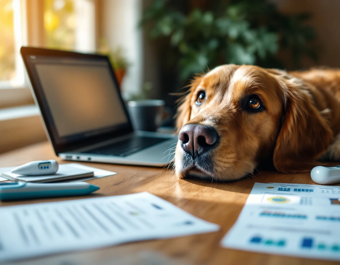 Golden retriever beside laptop and pet care documents on wooden desk with natural window lighting