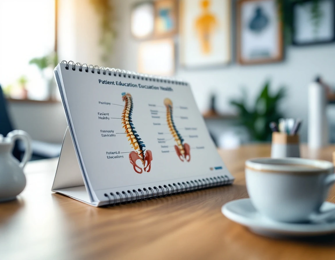 Patient education materials and workspace in modern chiropractic office showing content development environment