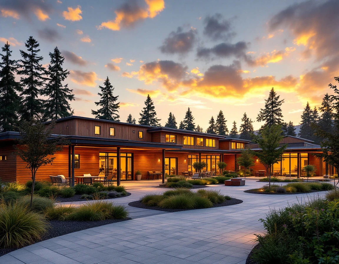 Modern senior care facility with accessible design, natural wood exterior, and welcoming common spaces