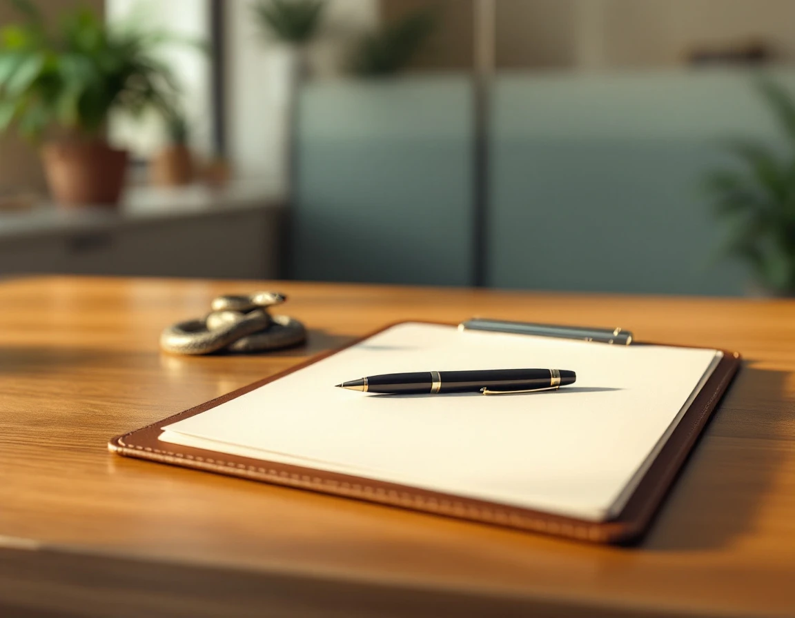 Veterinary office desk with blank clipboard and pen in natural window light with blurred medical office background