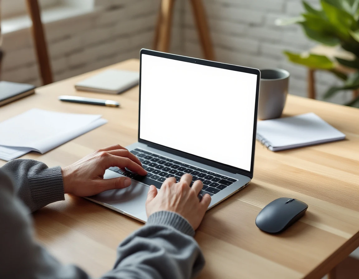 Hands typing on laptop at clean workspace desk with blurred papers and office supplies