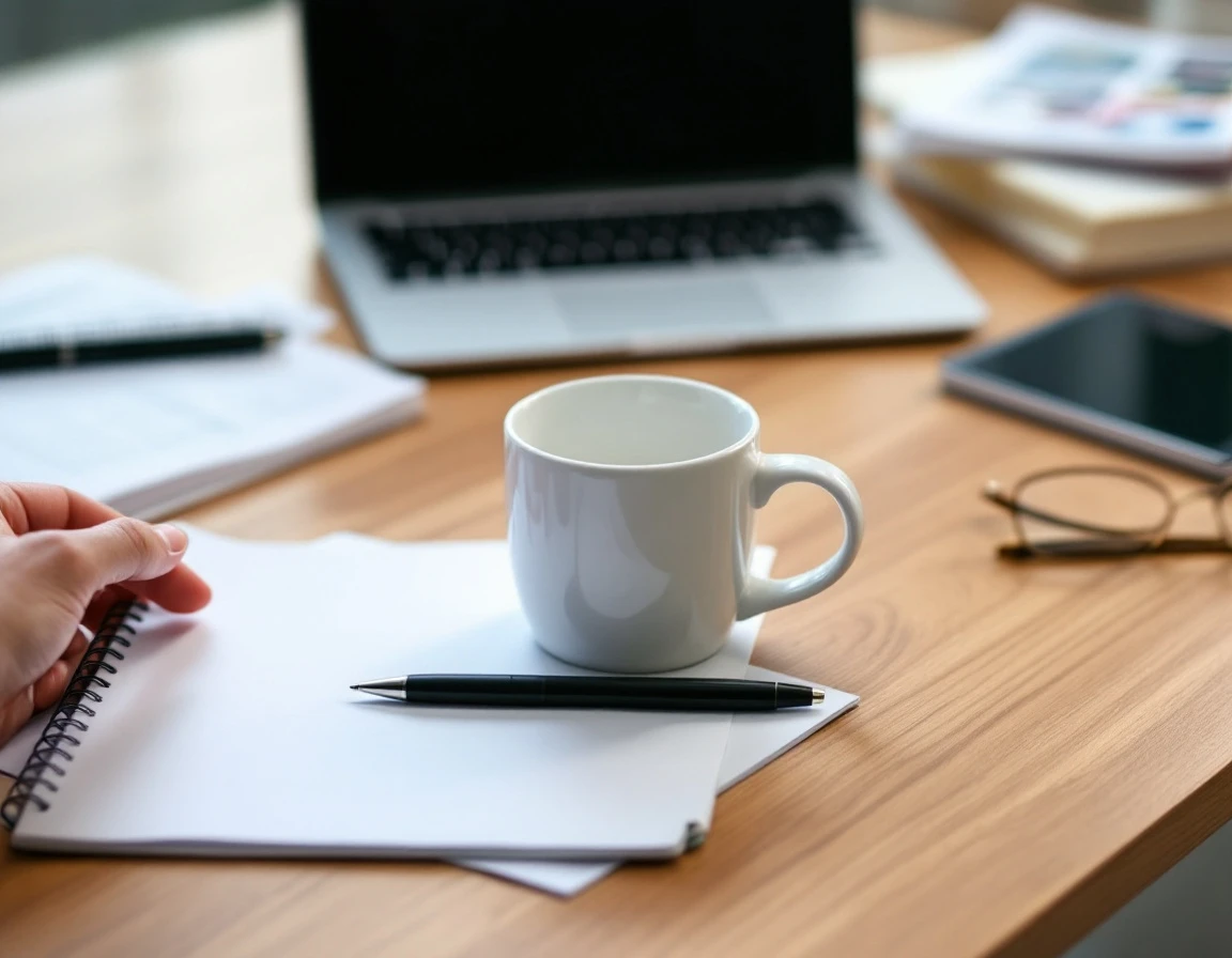 Wooden desk with coffee mug and pen on blank paper, blurred office materials in background showing planning workspace