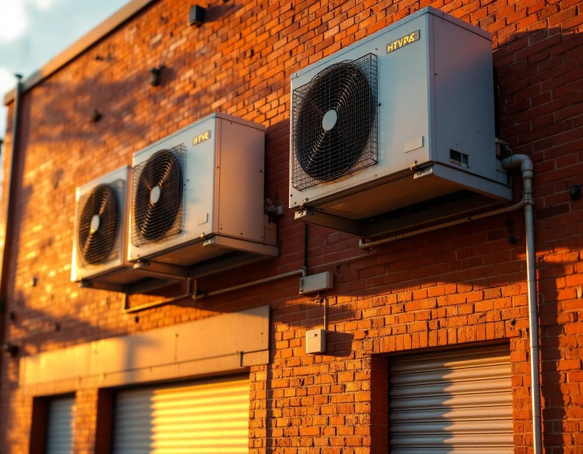 Climate control HVAC units mounted on brick wall of modern self-storage facility during golden hour