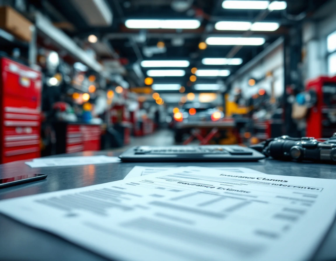 Insurance claim forms and repair estimates on auto body shop desk with workshop tools in background