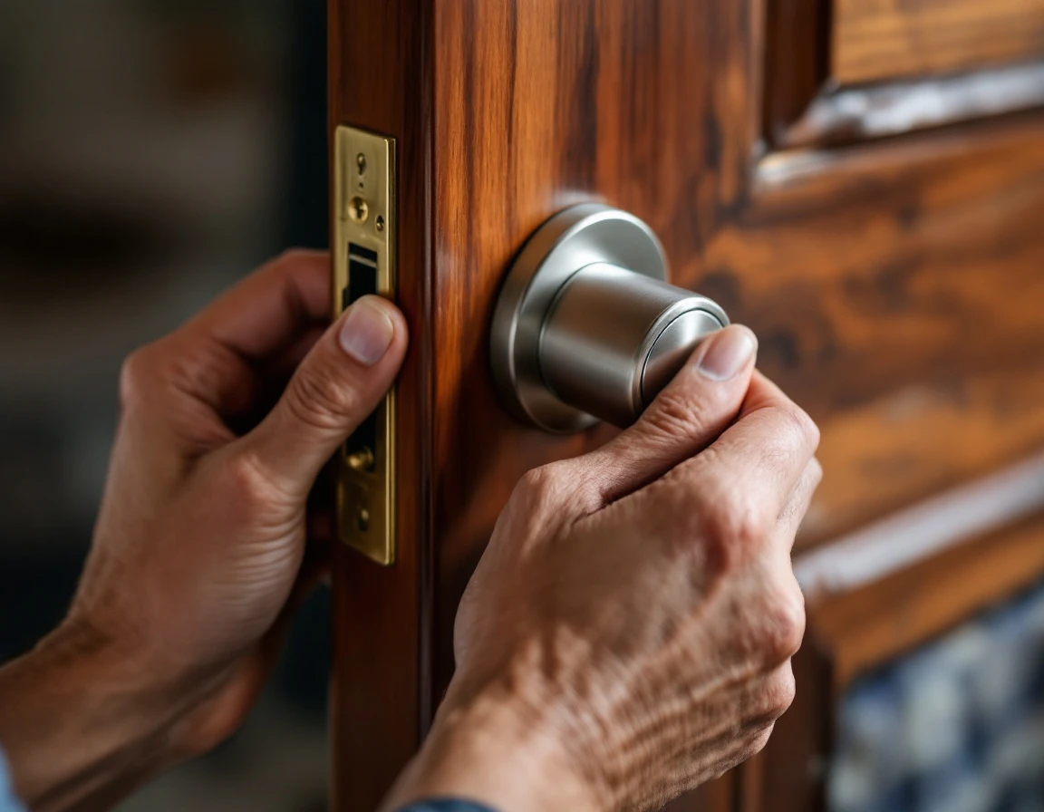 Professional locksmith hands installing smart lock cylinder on wood door with natural lighting and visible hardware