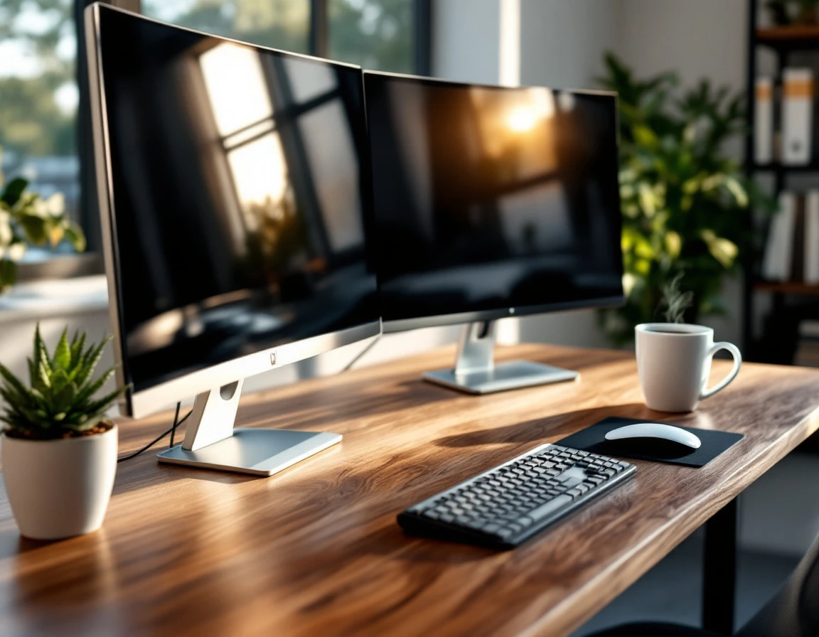 Dual monitor workspace with screens angled away showing only ambient reflections and natural office lighting