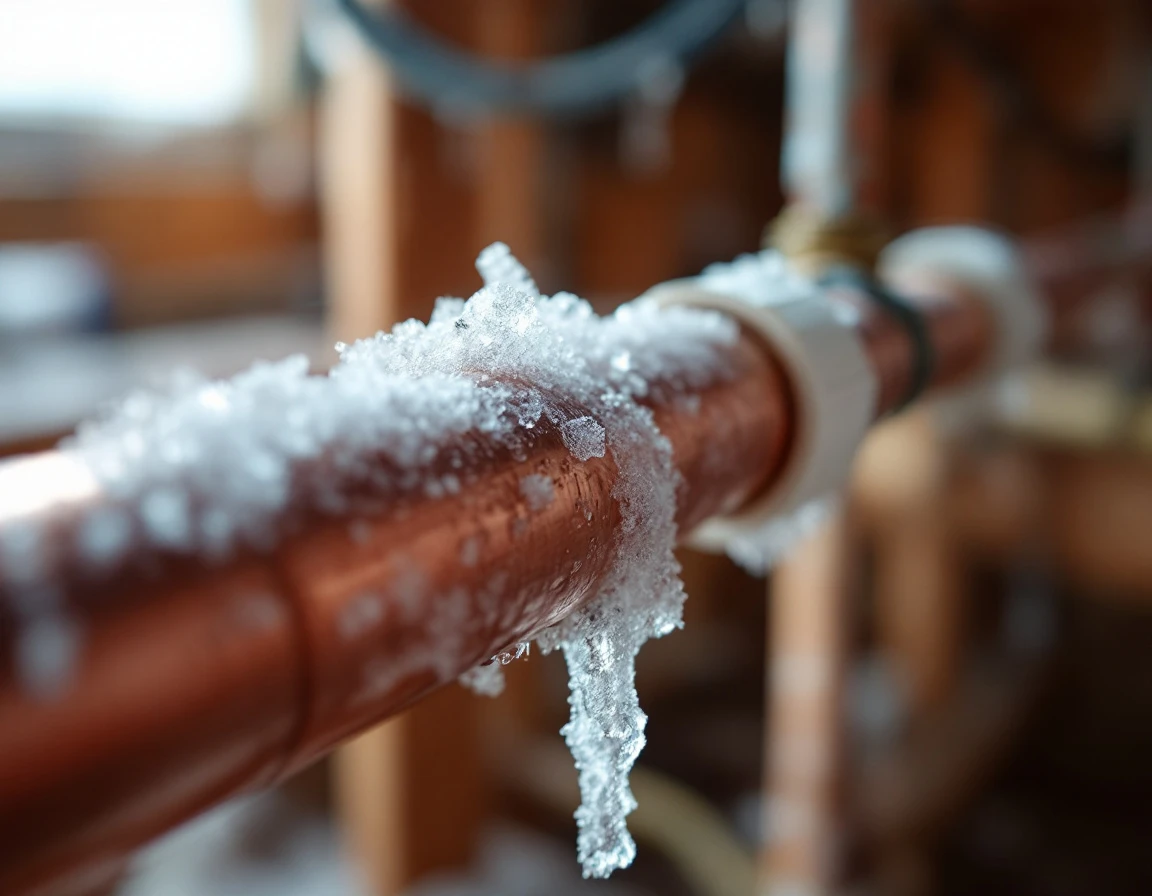 Frozen copper water pipe with ice crystals and frost buildup in residential basement during winter
