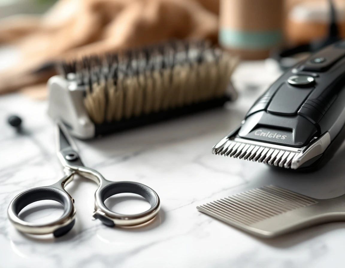 Professional grooming scissors, clippers, and brushes arranged on white surface in natural light