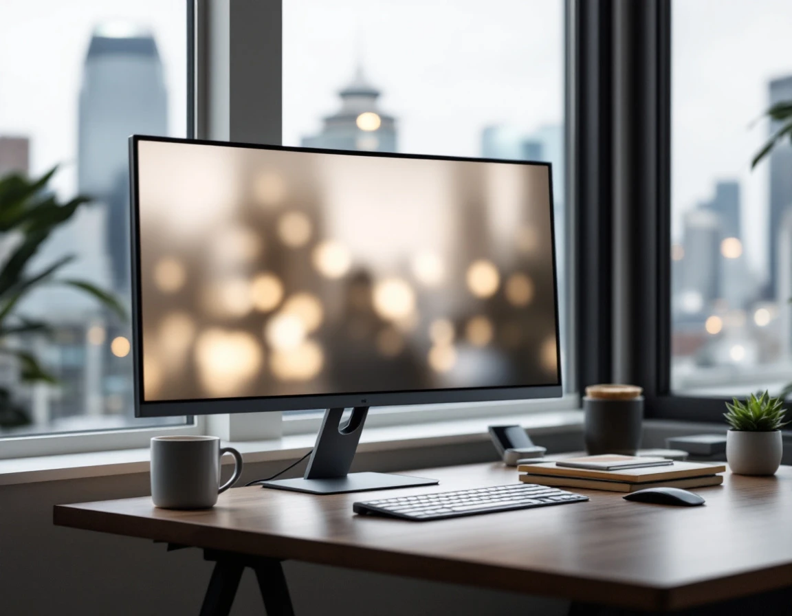 Modern workspace with monitor displaying blurred content, coffee cup, and Seattle skyline view through window