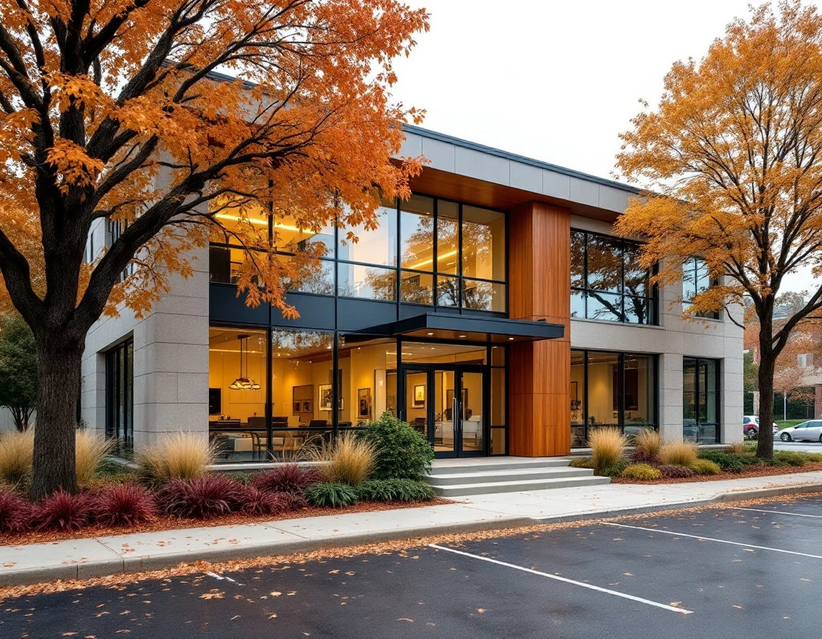 Modern healthcare facility with glass facade and autumn landscaping showing professional medical practice environment
