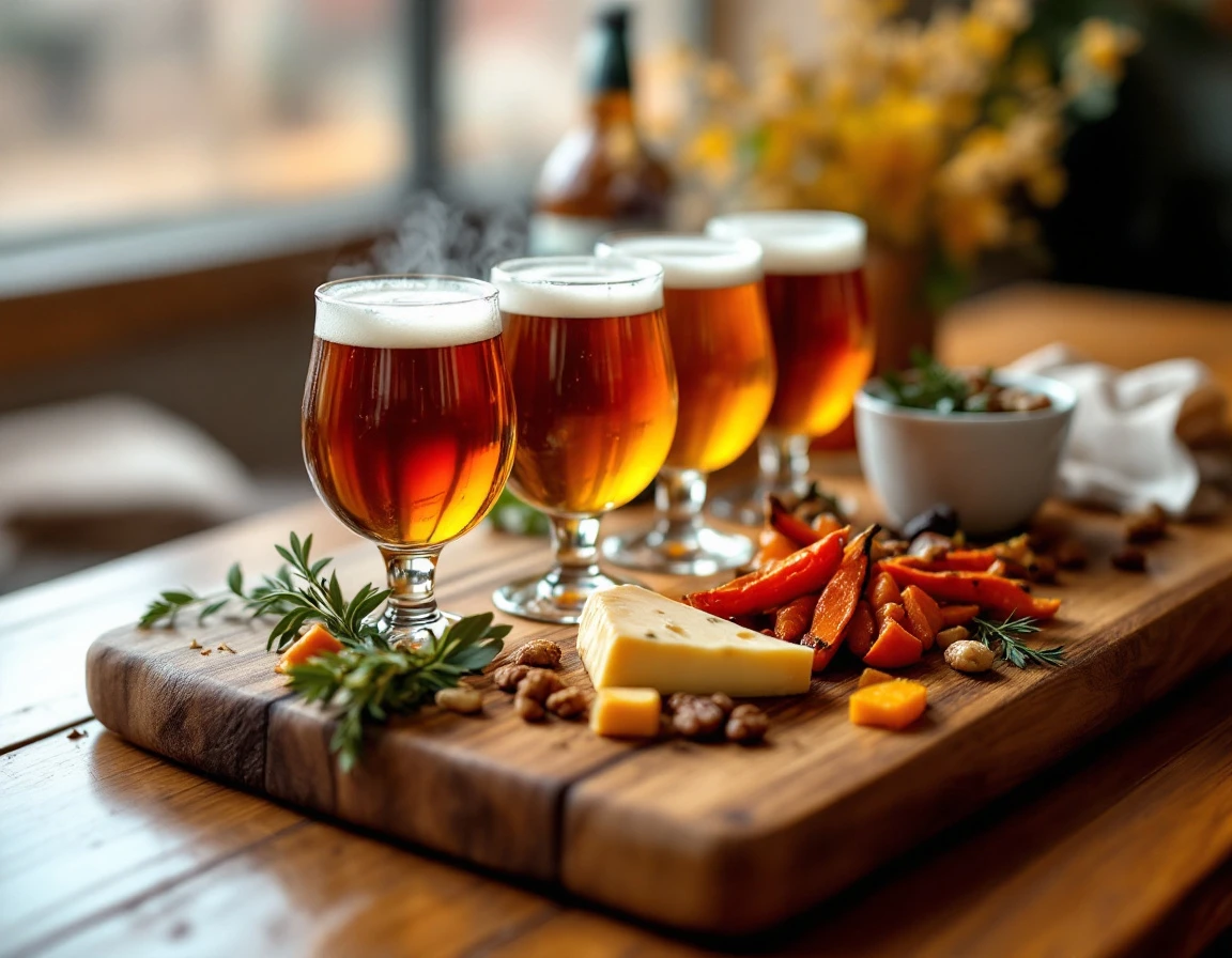 Craft beer flight with seasonal autumn food pairings on wooden board in natural light