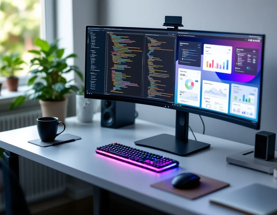 Professional tech workspace with monitor displaying code and design software, keyboard, and development tools