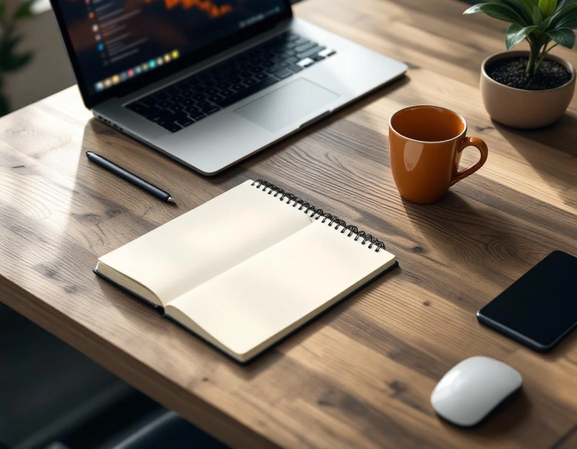 Organized workspace with notebook, coffee, and tools for content planning